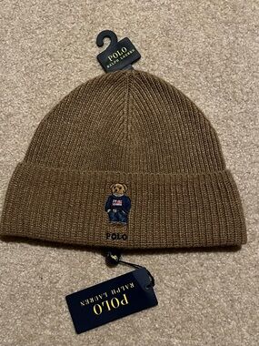 Polo Ralph Lauren Tan Ribbed Cuffed Beanie with Polo Bear